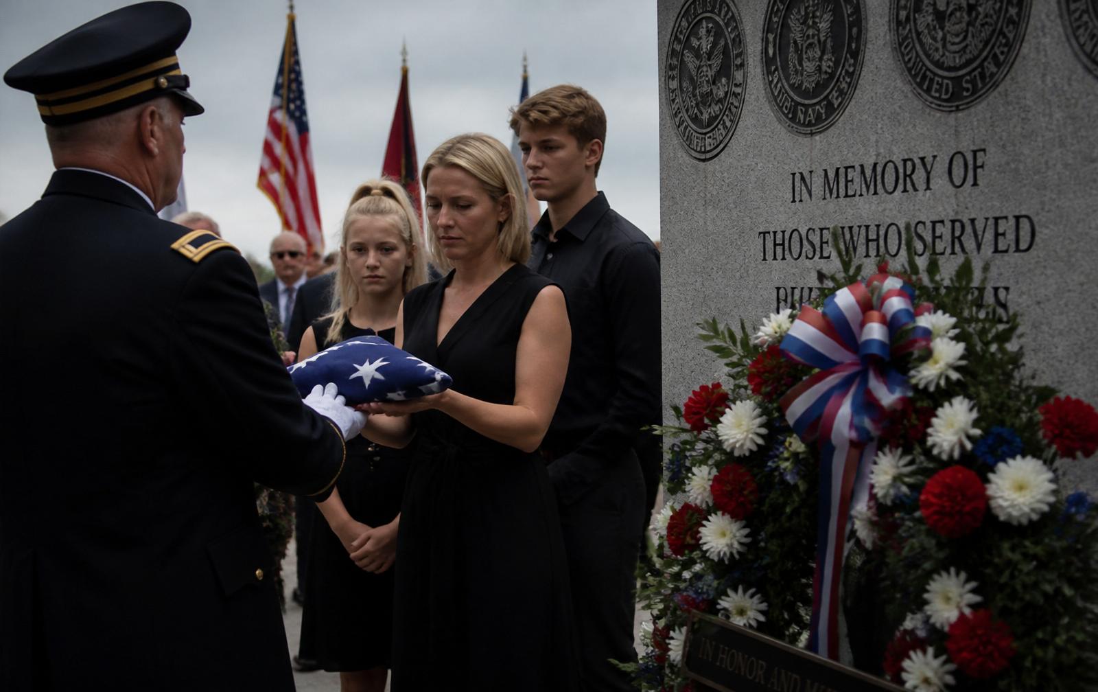 Honor guard presenting a folded flag at a veterans memorial ceremony