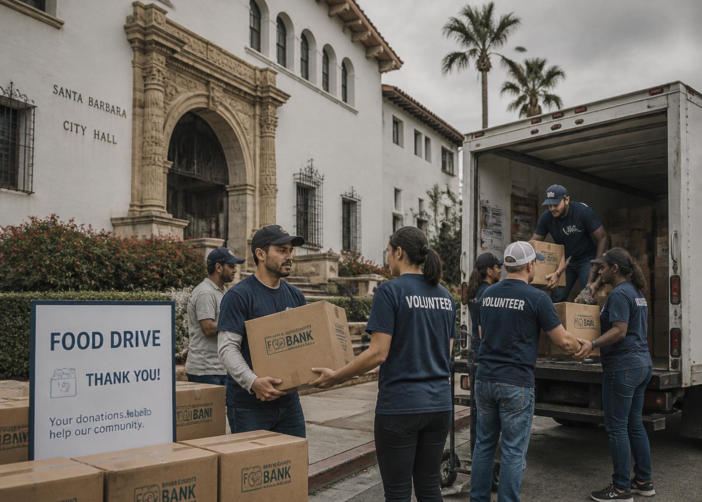 Volunteers unloading donation boxes at a community food drive outside a historic civic building