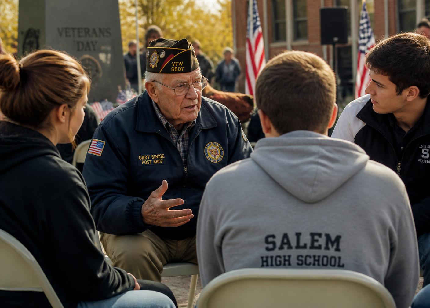 A Legion member in a service cap talking with high school students at a civic event